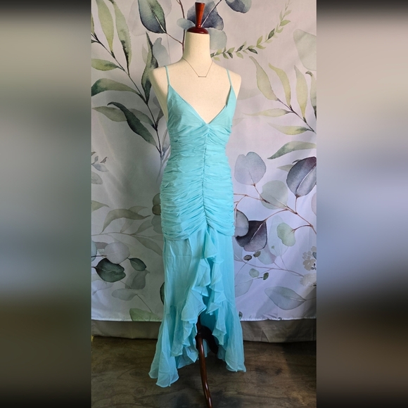 ASOS | Ruched Front High Low Frill Maxi Prom Dress in Aqua sz 4 - Picture 1 of 10